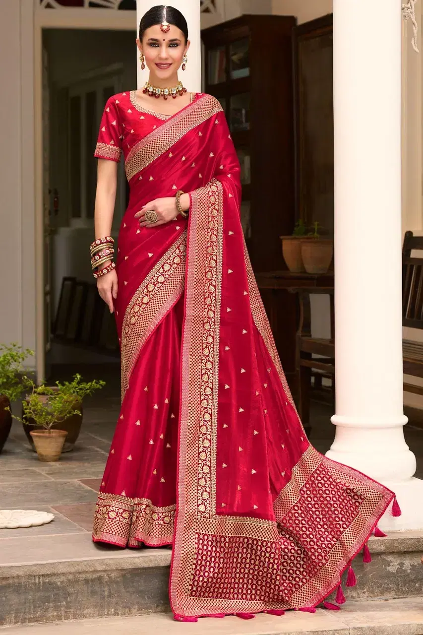 Embroidered Silk Saree - Crimson Red