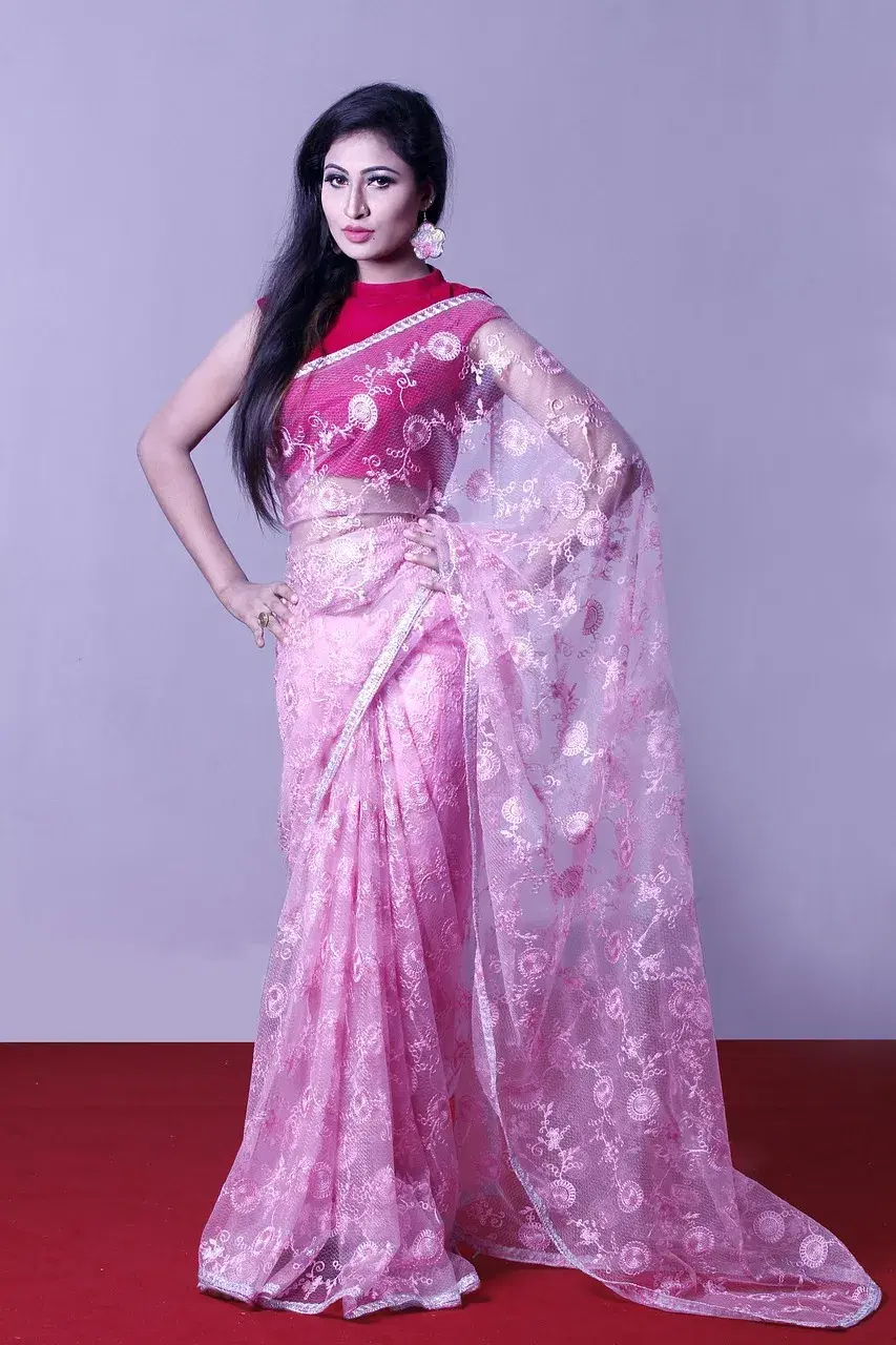 Embroidered Net Saree - Pink