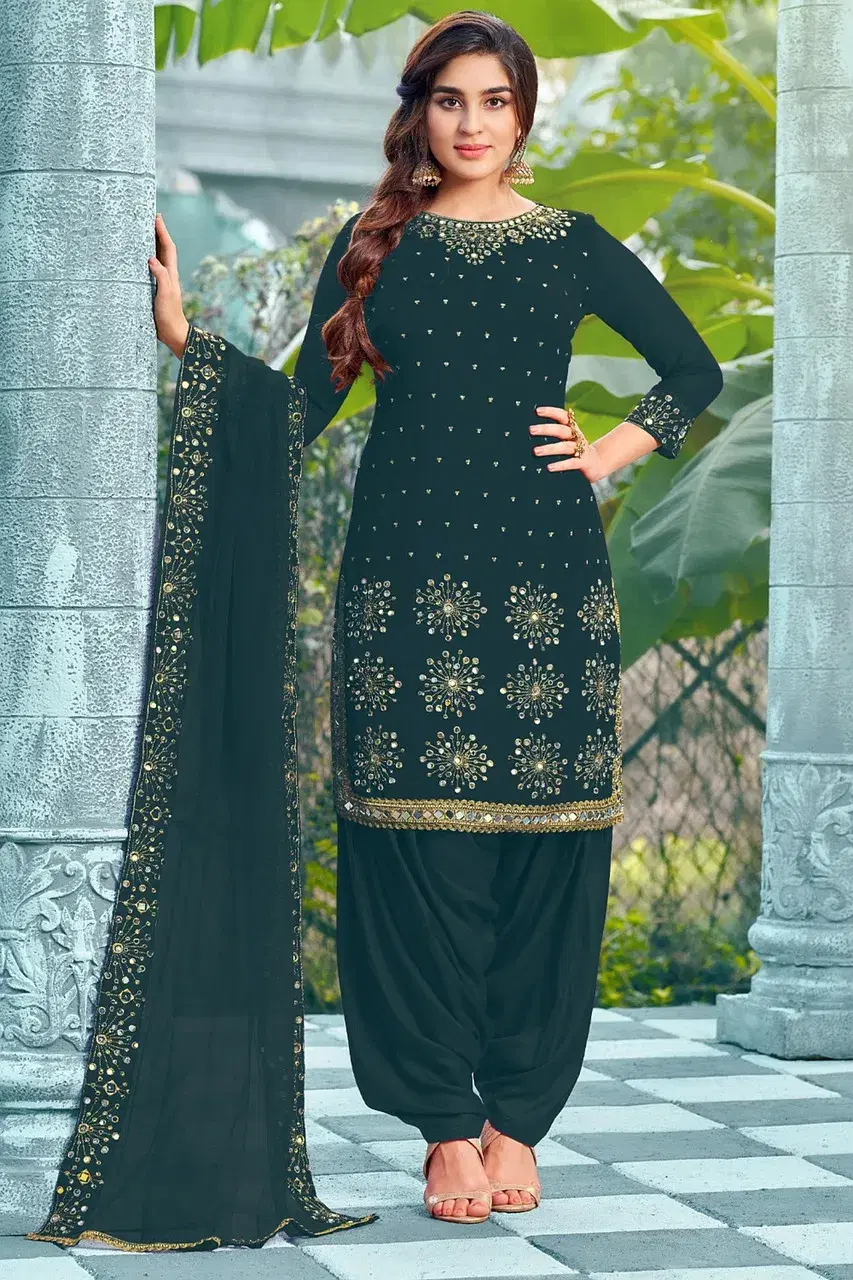 Embroidered Kurta Set with Dupatta - Bottle Green